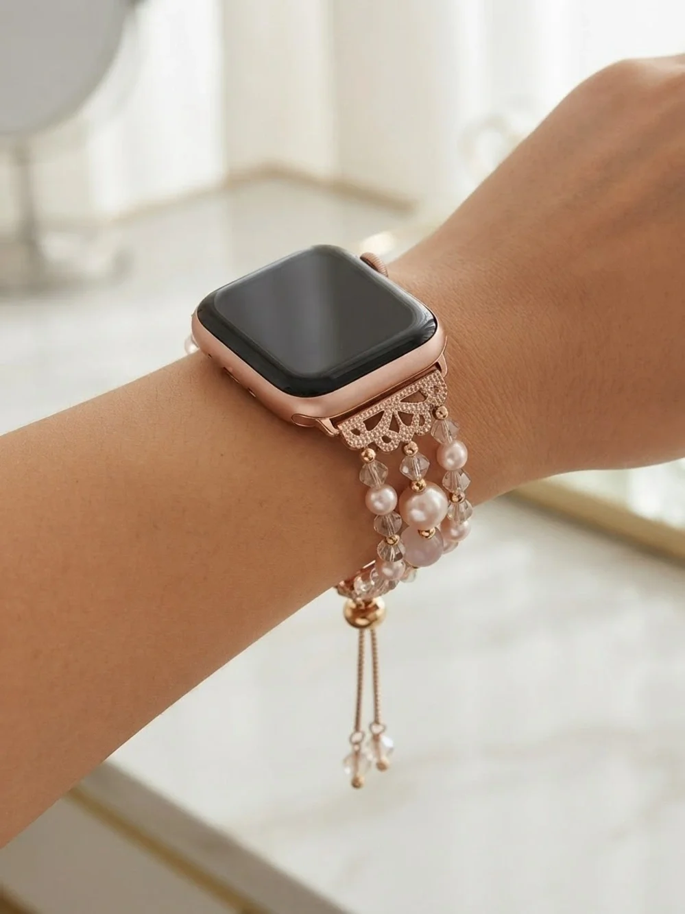 Rose Gold Beaded Smartwatch Band - Compatible with Apple Watch Size: 42/44/45mm